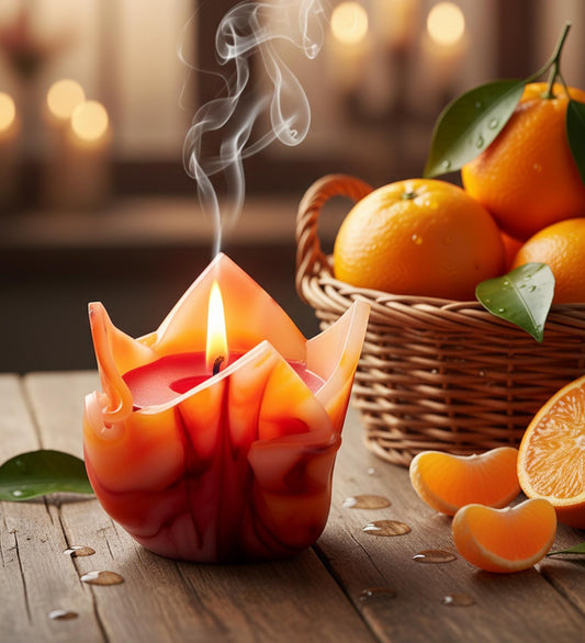 Kwiatowa, geometryczna, minimalistyczna, kolorowa, pomarańczowo-czerwona ręcznie robiona świeca zapachowa - ekskluzywny prezent okazjonalny