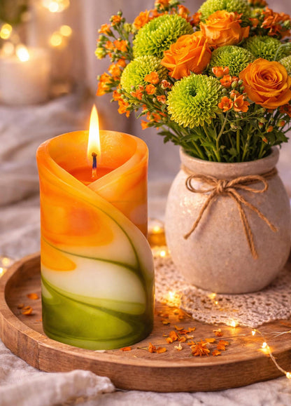 Kwiatowa, geometryczna, kolorowa, ręcznie robiona świeca zapachowa - ozdoba tarasu, Dzień Matki, dla niej - 40h, pudełko prezentowe