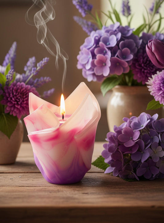 Kwiatowa, geometryczna, minimalistyczna, kolorowa, ręcznie robiona świeca zapachowa - fioletowo-biała, prezent Święta, urodziny, Ślub