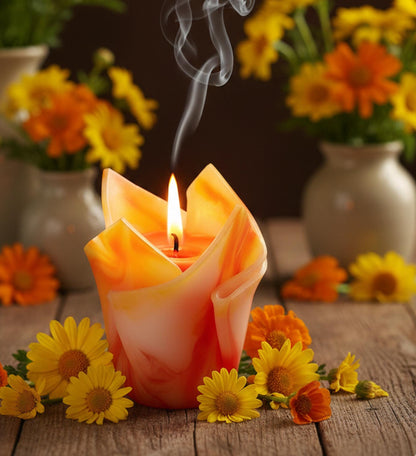 Kwiatowa, geometryczna, minimalistyczna, kolorowa, ręcznie robiona świeca zapachowa - żółto-pomarańczowa, prezent Święta, ozdoba domu