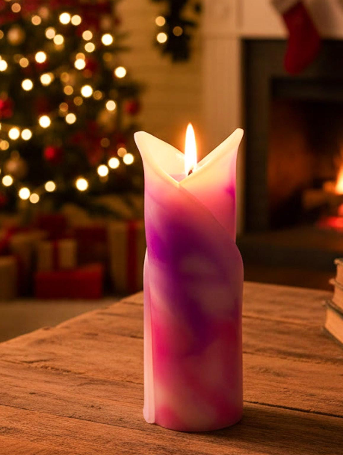 Ręcznie robiona świeca kolumnowa kielich kwiatu, stożkowa, zapachowa - fioletowo-różowy - 70h, pudełko prezentowe - kolorowa ozdoba na stół