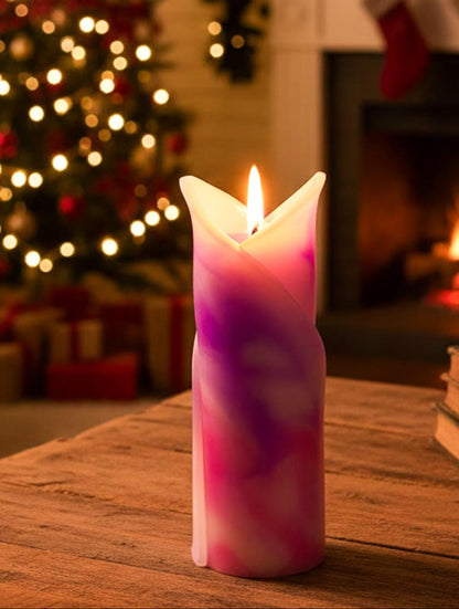 Ręcznie robiona świeca kolumnowa kielich kwiatu, stożkowa, zapachowa - fioletowo-różowy - 70h, pudełko prezentowe - kolorowa ozdoba na stół