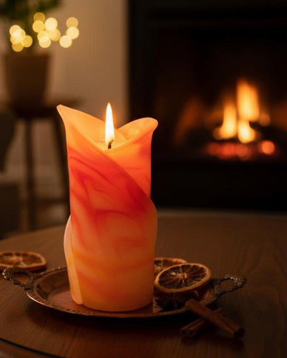 Świeca kielich kwiatu, geometryczna, zapachowa - żółto-czerwona - 40h, pudełko prezentowe - pomysł na romantyczny prezent, ozdoba kominka