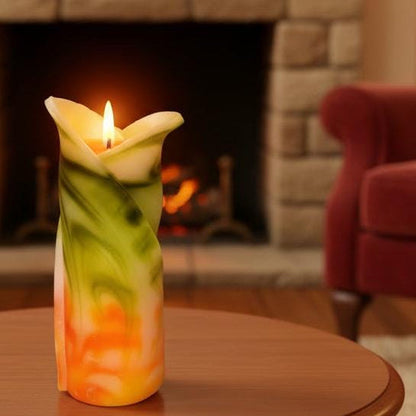 Świeca kielich kwiatu, geometryczna, zapachowa - zielono-pomarańczowa - 70h, pudełko prezentowe - ozdoba na stół do domu, pomysł na prezent