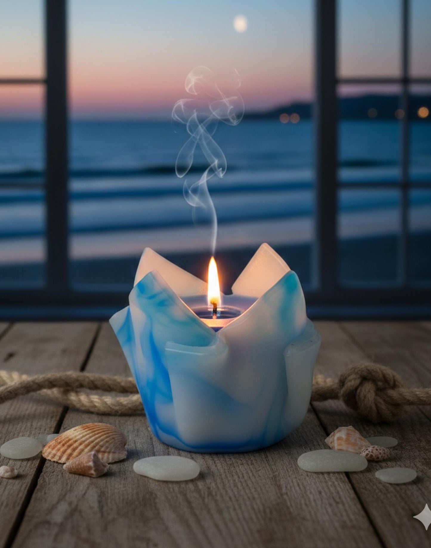 Kwiatowa, geometryczna, minimalistyczna, kolorowa, niebiesko-biała ręcznie robiona świeca zapachowa - oryginalny prezent dla niej - 90h