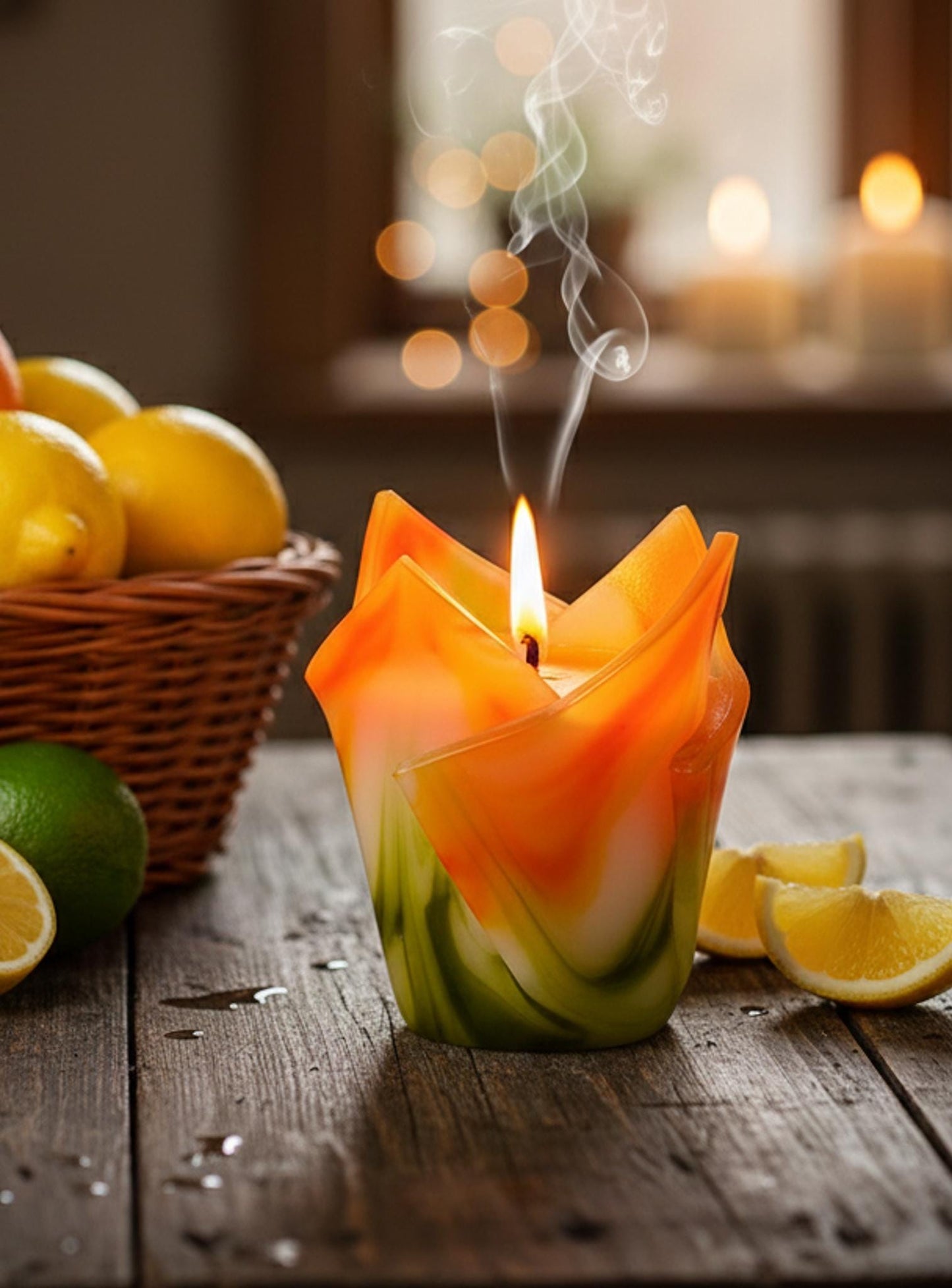 Kwiatowa, geometryczna, minimalistyczna, kolorowa, ręcznie robiona świeca zapachowa - pomarańczowo-zielona, relaks - 180h